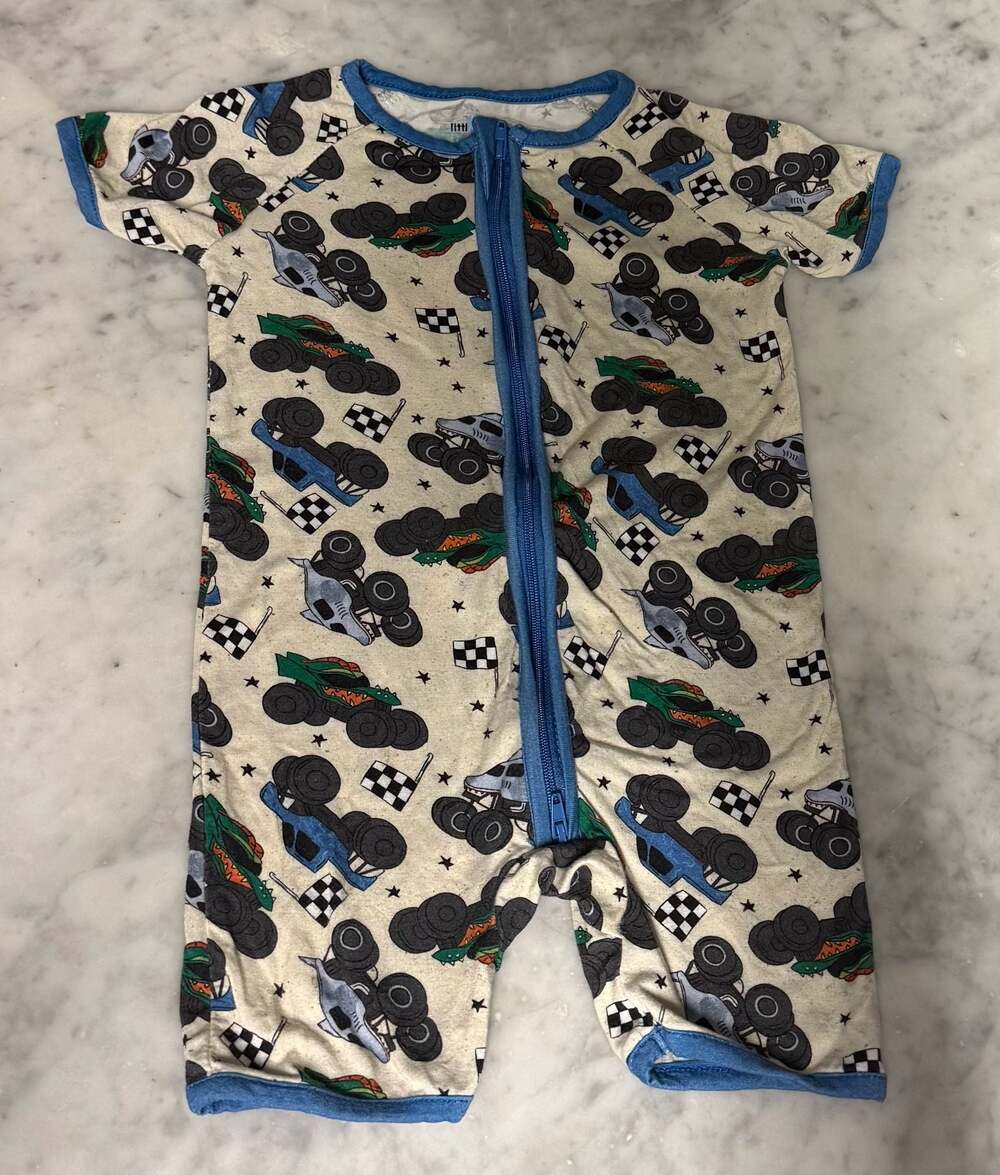 Little One Shop Monster Truck Bamboo Short Zipper Romper